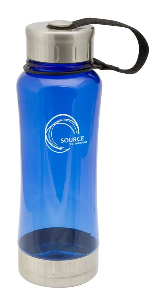 A drink bottle in blue with a silver base and lid, featuring a logo. Ideal for hydration on the go.