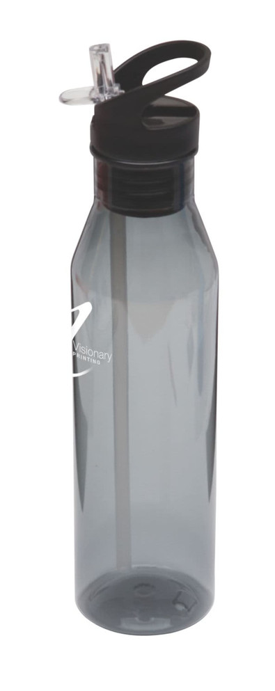 A drink bottle in a grey transparent design with a black lid and spout, featuring a logo.