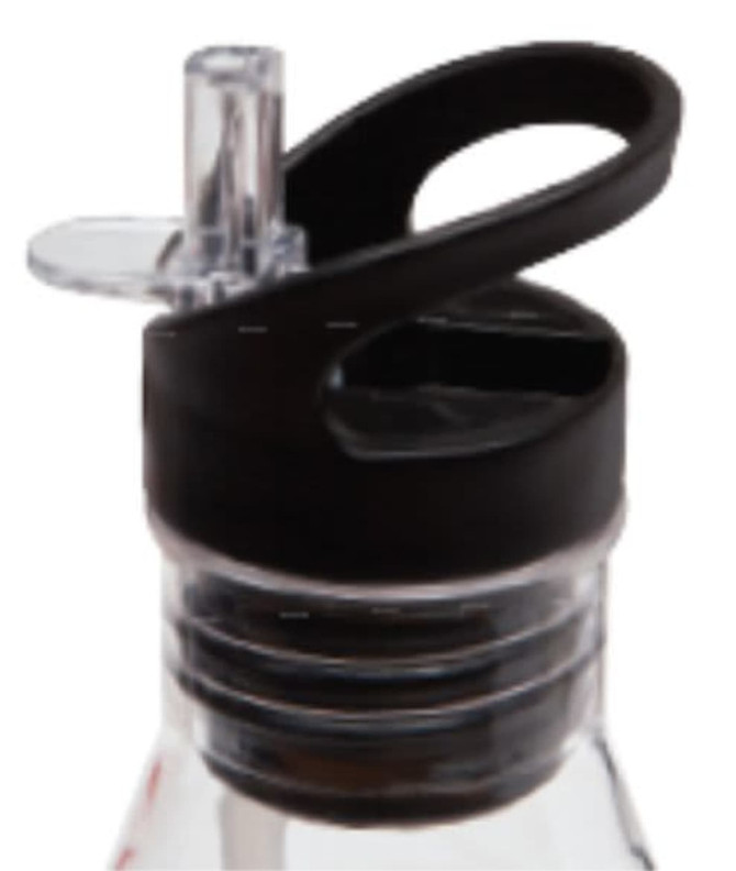 A drink bottle with a transparent body and a black lid, featuring a straw and a handle for easy carrying.