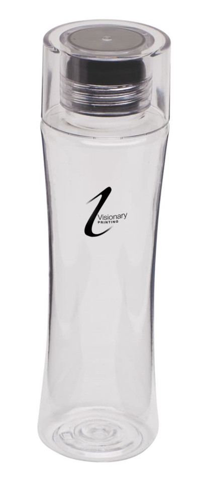 A drink bottle with a clear body and a silver cap, featuring a logo on the side.