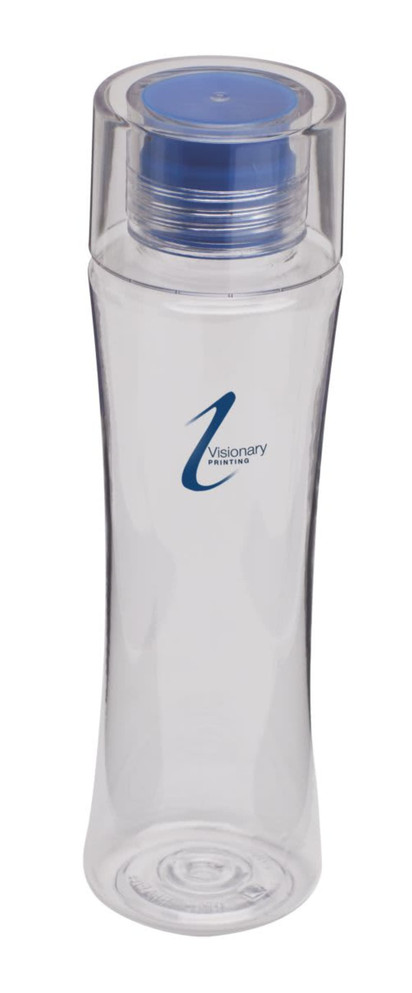 A drink bottle made of clear plastic with a blue lid and featuring a logo on the side.