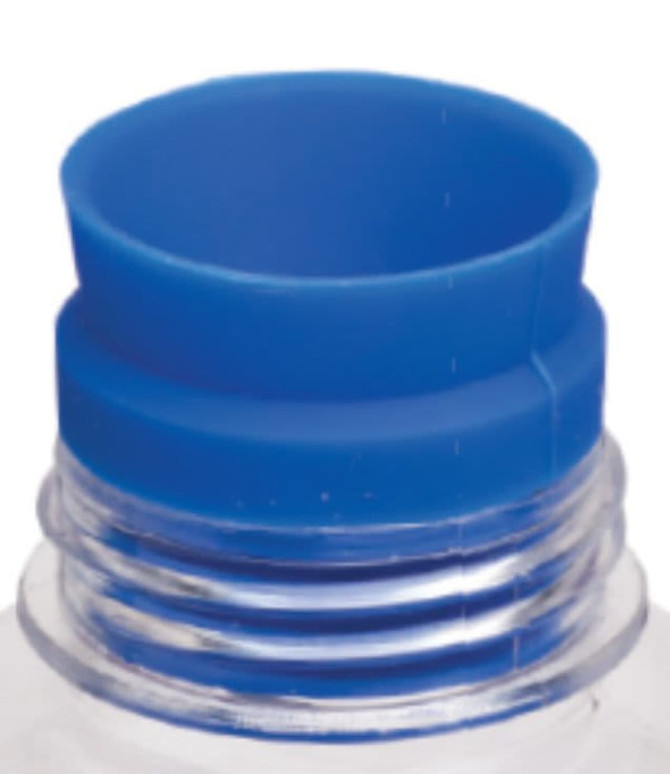 A drink bottle with a clear body and blue lid, featuring a ridged design and a branding logo.