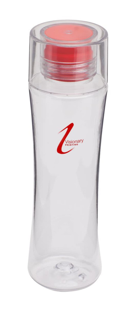 A drink bottle in transparent plastic with a red lid and a logo. Suitable for hydration on the go.