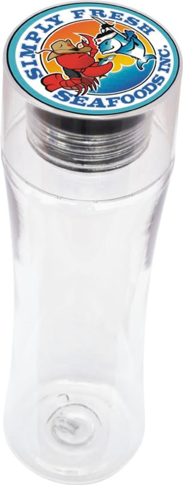 A drink bottle with a clear body and a round lid featuring a logo. The bottle is designed for beverages.