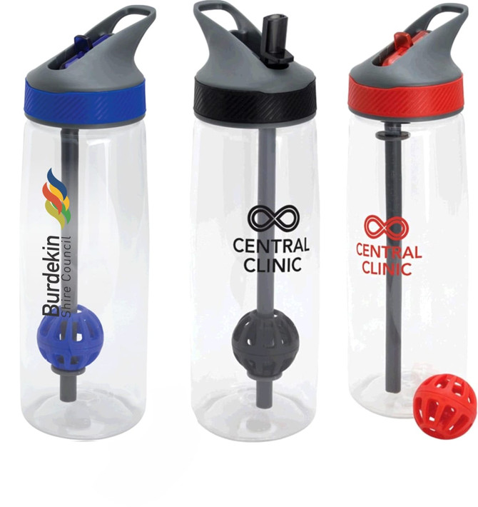A drink bottle with a grey lid and straw, featuring blue, red, and clear designs, with logos on the side.
