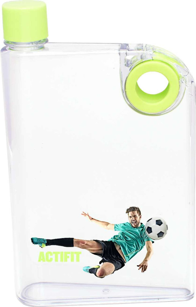 A drink bottle in clear plastic with a lime green cap, featuring an athlete kicking a soccer ball and a logo.