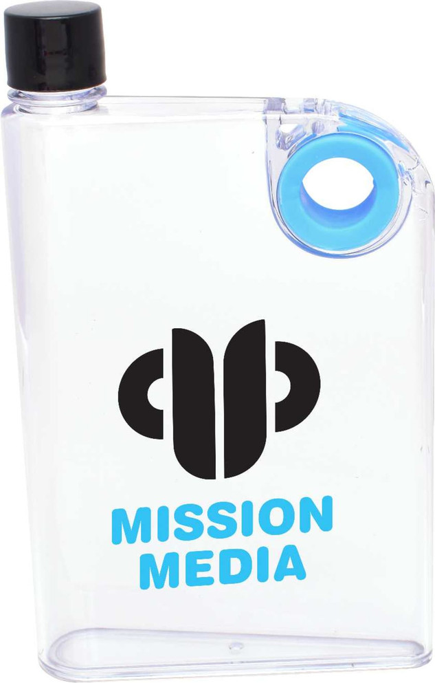 A drink bottle in clear plastic with a black cap and a blue accent. It features a logo on the front.