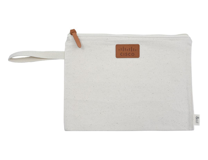 A cream-coloured conference bag with a zip, featuring a logo and a fabric loop for easy carrying.