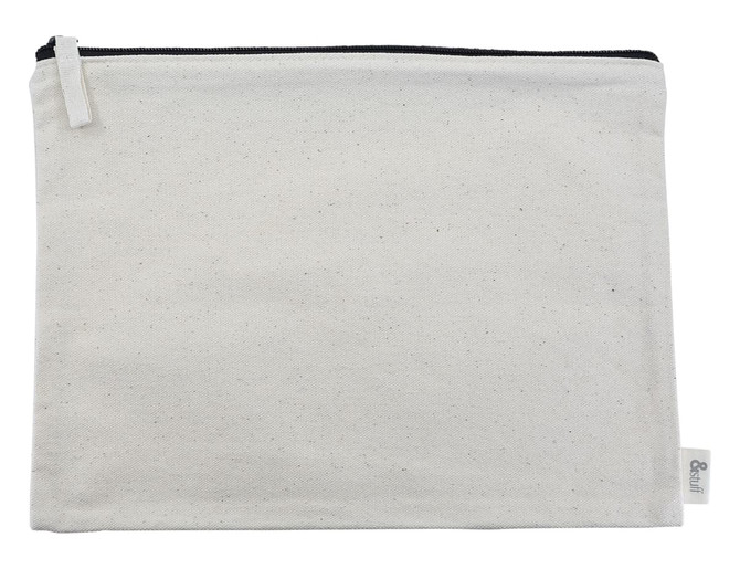 A cream Calico Conference Bag with a black zip, featuring a logo on the side. Measures 25cm x 34cm.