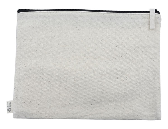 A natural-coloured conference bag with a black zipper and a small logo tag on the side.