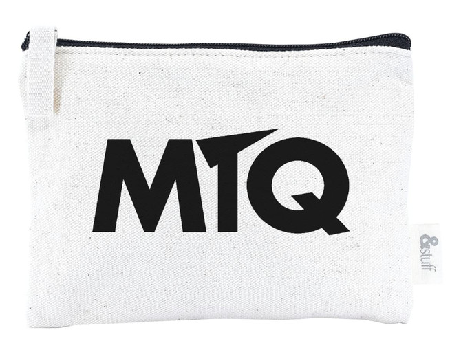 A white calico earphone pouch featuring a black logo, with a zip closure and a small tag.