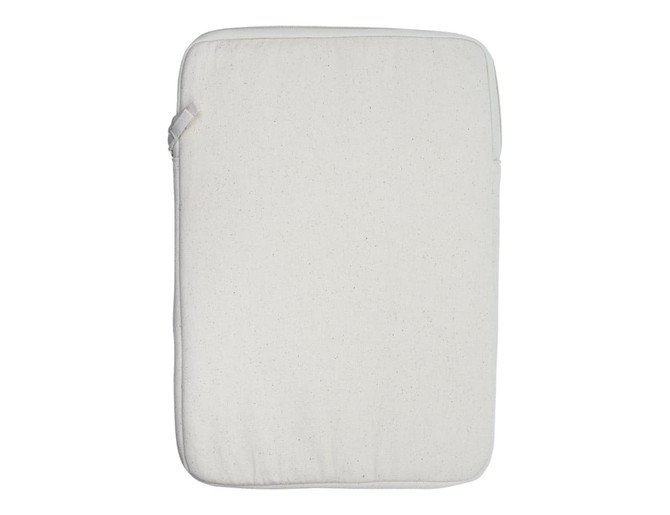 A laptop sleeve in a light cream colour with a zip closure and a simple design. Features a logo.