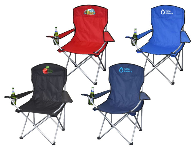 A set of four folding outdoor chairs in red, blue, black, and navy, each with a drink holder and logos.