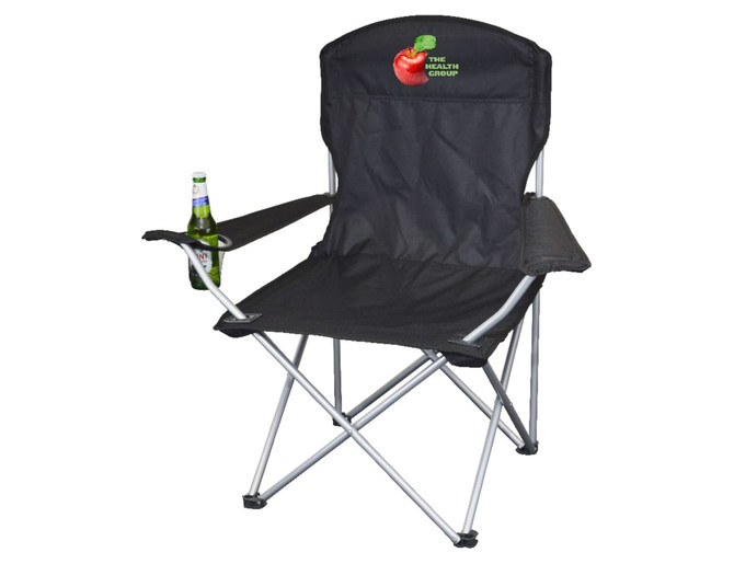 A black folding chair with silver frame, featuring a drink holder and a logo on the backrest.