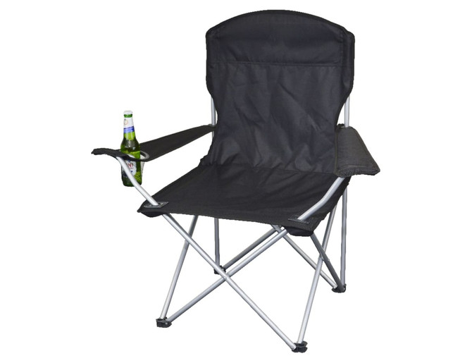 A black folding chair with armrests and a drink holder, featuring a silver frame. It has a logo on the chair.
