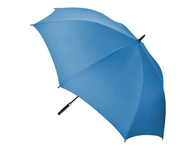 A blue golf umbrella with a black handle and a logo is prominently displayed against a plain background.