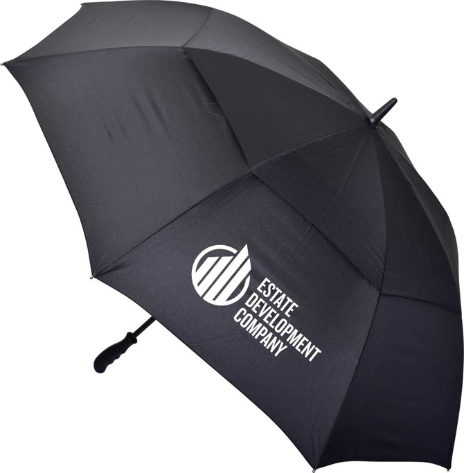 A large black auto golf umbrella featuring a logo, ideal for protection on the golf course.