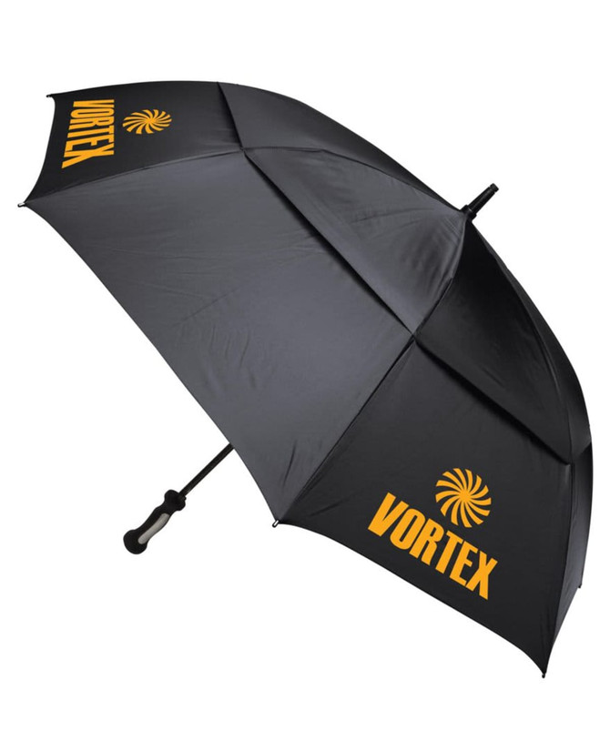 A black auto golf umbrella featuring a logo and a stylish, curved handle.