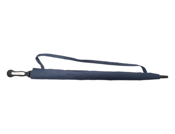 A navy blue auto golf umbrella with a structured handle and a carrying strap. It features a logo on the handle.