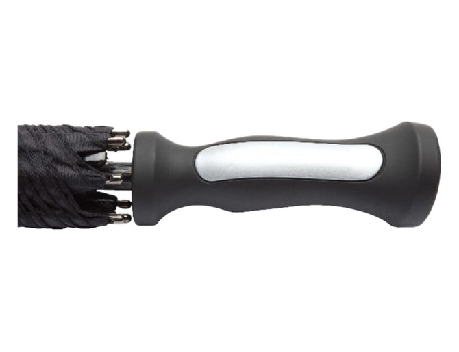 A black golf umbrella with a sturdy handle, featuring a textured grip and metal components.