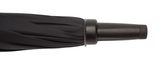 A black auto golf umbrella with a streamlined design and a black handle. It features a subtle branding detail.