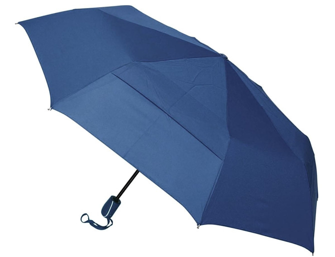 A navy blue auto open/close umbrella with a straight handle and a simple design, featuring a logo on the handle.