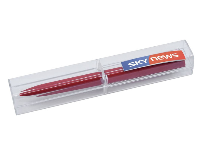A square clear display box containing a red pen, featuring a logo on one side.