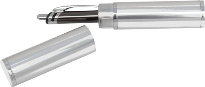 A silver pen presentation tube with a shiny surface, featuring a removable cap and a pen inside.