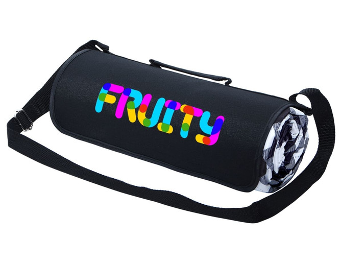 A black picnic rug rolled up with a colourful logo and an adjustable strap for easy carrying.