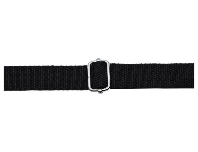 A black webbing strap with a silver buckle, suitable for various fastening purposes.