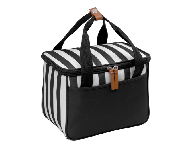 A striped black and white cooler bag with double handles and a zip closure, featuring a front pocket and a logo.
