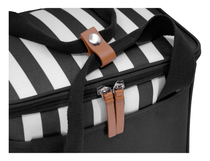 A black picnic cooler bag featuring a striped pattern, zippered closure, and leather accents. Includes branding.