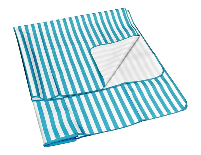 Aqua blue extra large picnic rug featuring a striped design and a soft underside. Includes a logo.