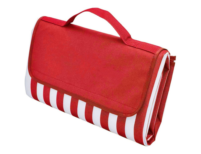A red and white striped picnic rug, folded, featuring a handle for easy carrying and a logo.
