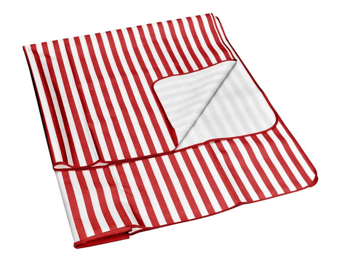 A red and white striped picnic rug, extra large, featuring a bordered edge and a logo.