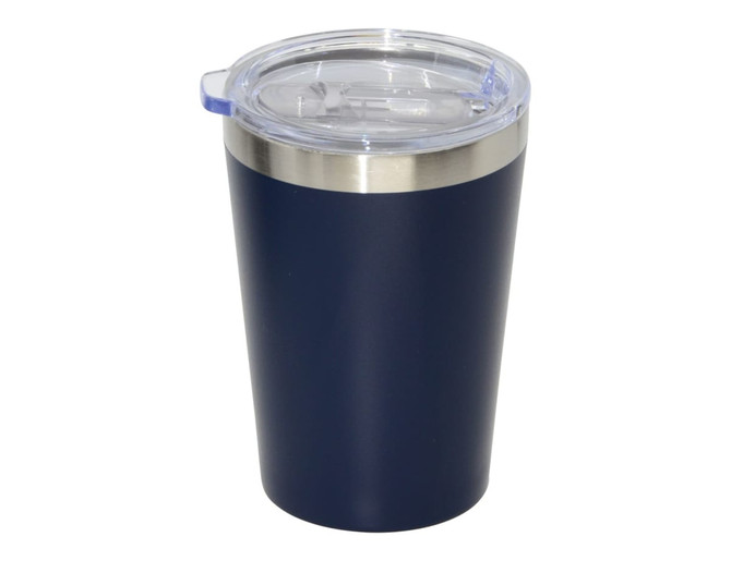 A drink bottle featuring a navy blue exterior, stainless steel base, and a clear lid. It has a logo on the surface.