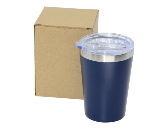 A drink bottle in navy blue with a metal band and clear lid, accompanied by a plain cardboard box.