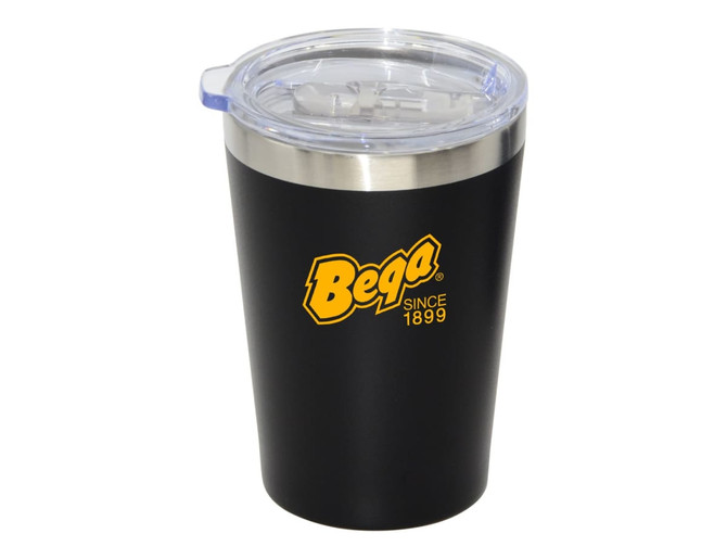 A travel mug in black with a clear lid and a logo on the side. It features a stainless steel rim.