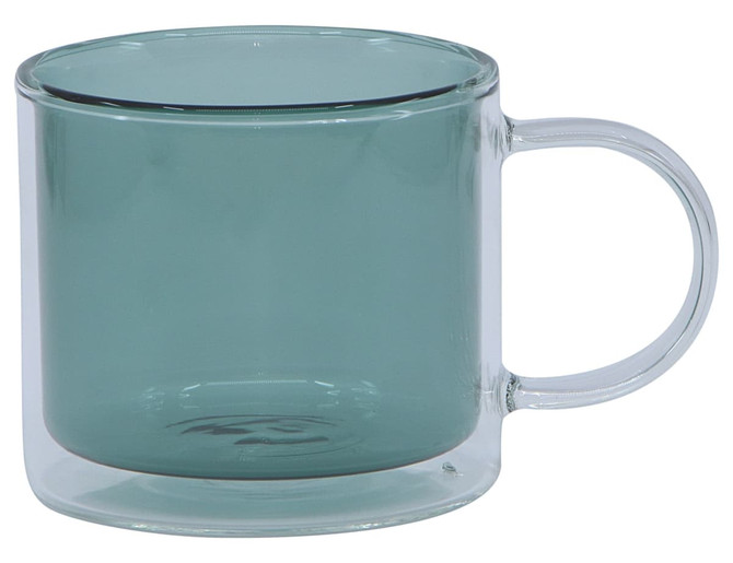 A double wall mug in a translucent green hue with a clear handle, featuring a sleek design and a branding logo.