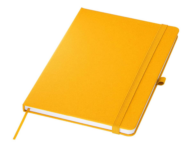 A yellow A5 notebook featuring a textured cover, an elastic band, and a ribbon bookmark. It includes branding.