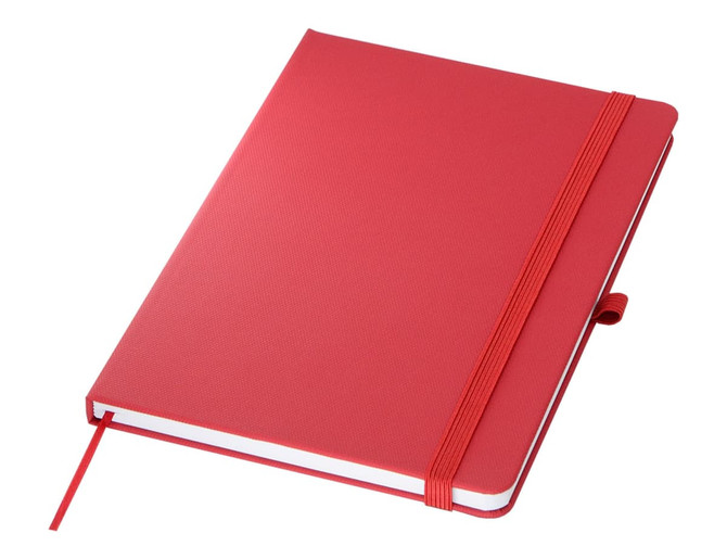 A red A5 notebook with a textured cover and an elastic band closure. It has a bookmark ribbon.