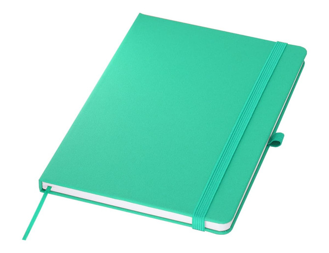 A teal A5 notebook with a matching elastic band and a ribbon bookmark. It has a smooth cover and a logo.