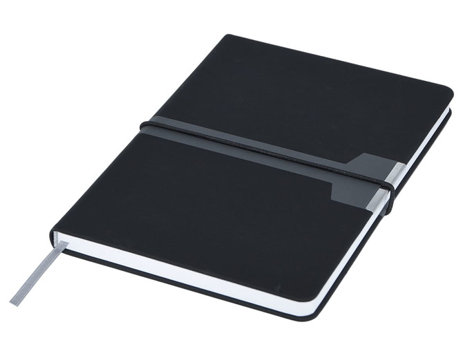 A black A5 notebook with a grey bookmark and an elastic closure, featuring a pocket on the cover.
