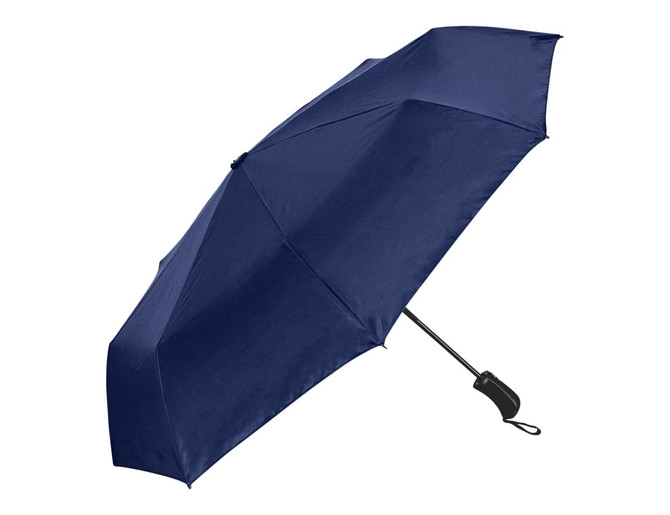 A navy blue fold-up umbrella made from RPET material, featuring a compact design and a logo.