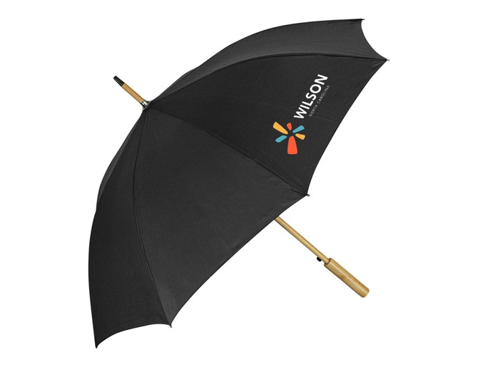 A black RPET umbrella with a wooden handle and a logo on the canopy, ideal for leisure and outdoor activities.