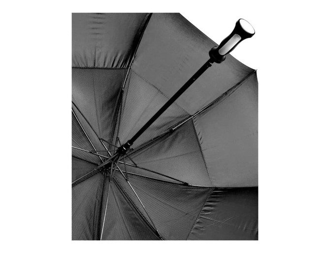 A black RPET golf umbrella with a sturdy handle and a reinforced frame, featuring an interior view of its structure.