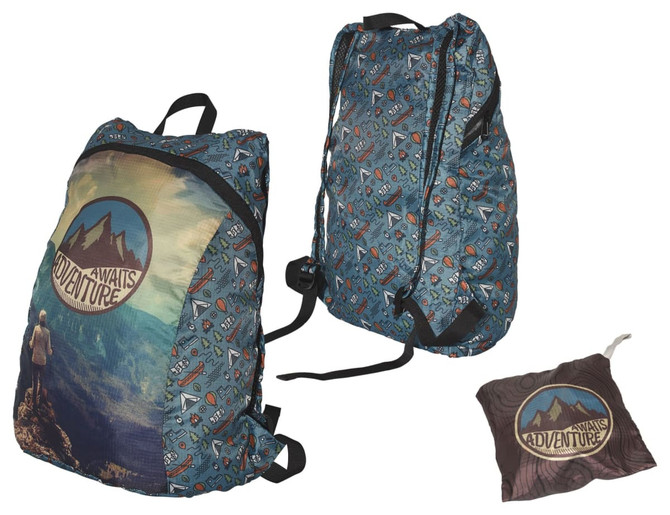 A fold-up backpack in blue with a mountain design and a logo, featuring adjustable straps and a compact storage pouch.