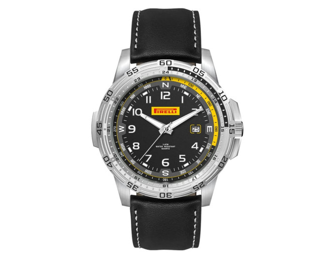 Sports watch with a black leather strap, stainless steel case, and a black dial featuring yellow accents and a date display.