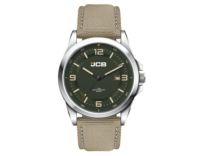 A casual unisex watch featuring a green dial and a light brown rPET strap, with a silver-tone case and logo.
