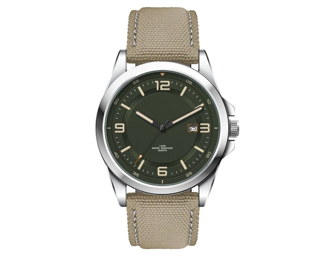A casual unisex watch featuring a green dial, silver case, and a beige rPET strap, with a logo on the dial.